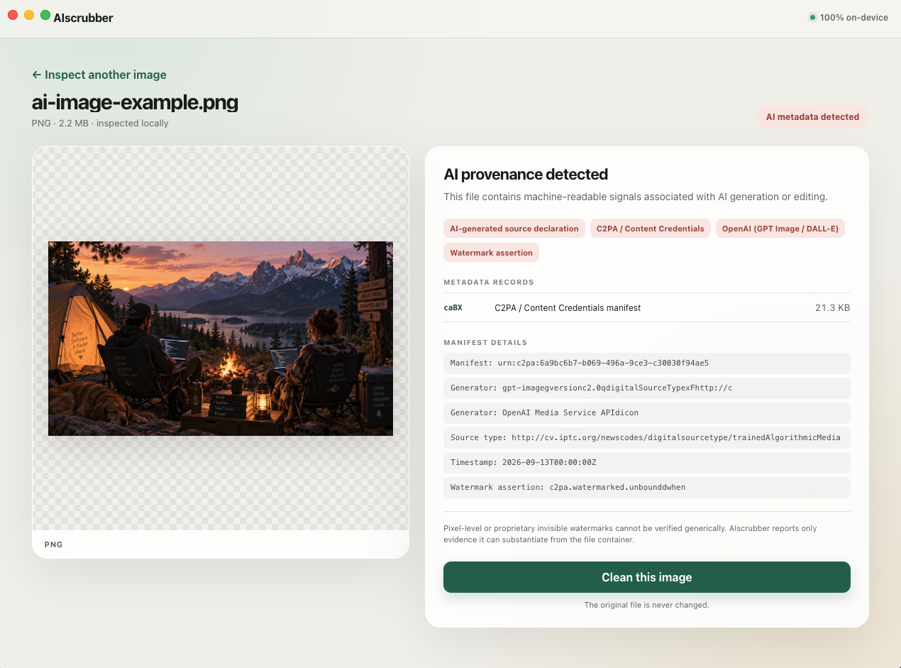 AI Scrubber showing detected AI provenance metadata and the option to clean the image