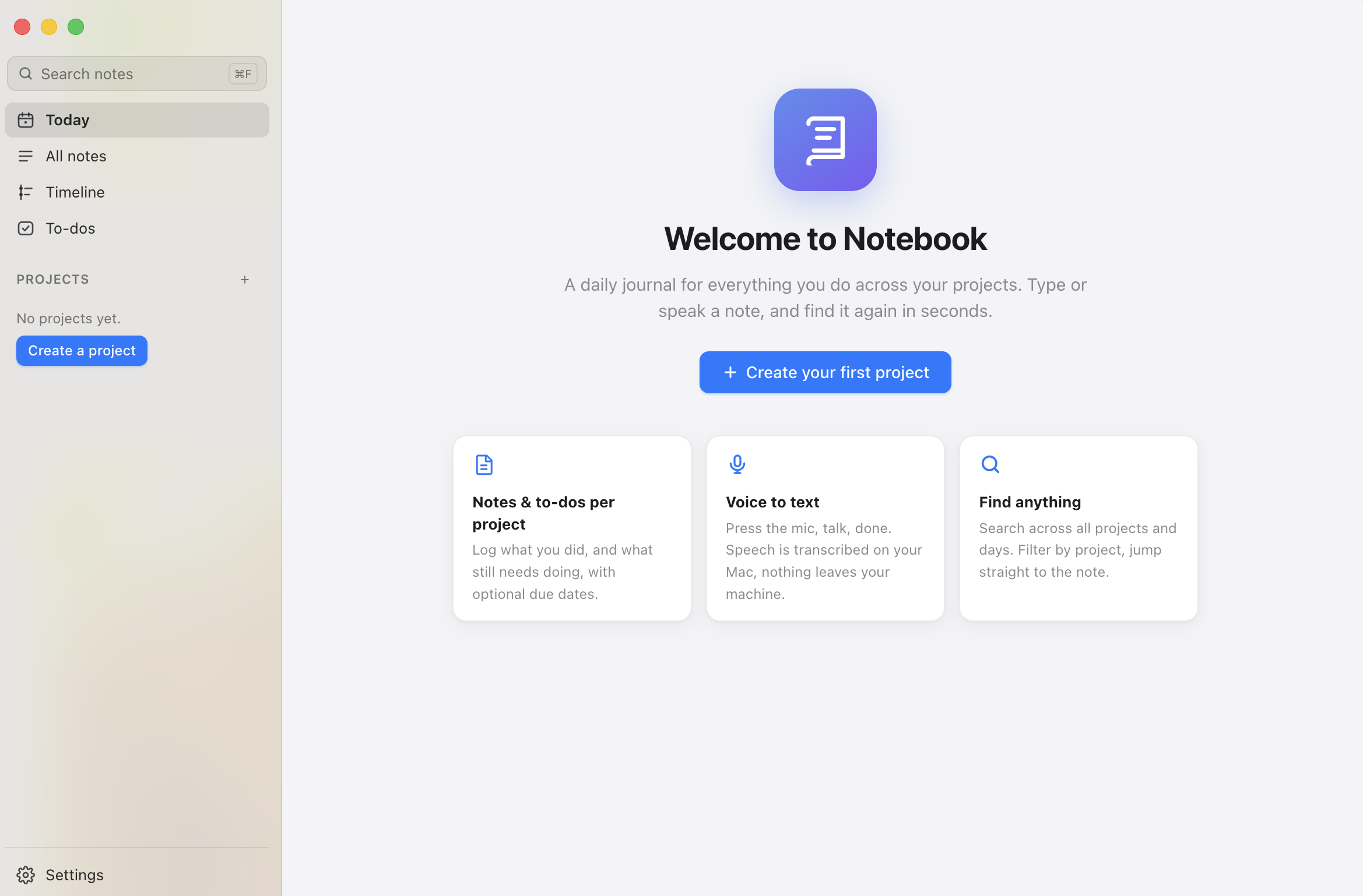 Notebook app with project notes, voice-to-text and search